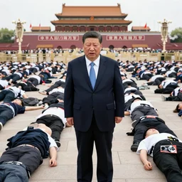 photos of an angry president xi jinping standing in a mass of thousands of young protestors lying flat on tiananmen square, tangping movement. photos in the style of national geographic, hyperreal, documentary style