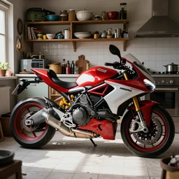 huge ducati panigrale motorbike, crammed into cluttered cozy kitchen, white tile on the floor, overexposed, by paolo pellegrin, by trent parke, prize winning color photo