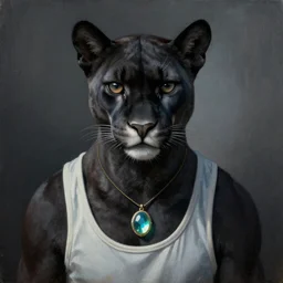 a portrait of a humanoid black puma wearing a tank top and a necklace with a glowing stone, painting by Zdzislaw Beksinski