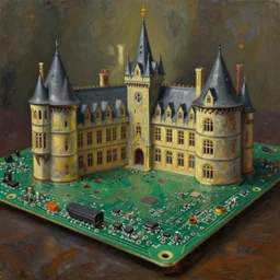 manor made of circuit boards. oil painting, victorian horror, limited palette, backlighting, depth of field.
