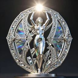 geometric mathematical shaped metal sculpture with ornate crystal glass elements reflecting rainbows into iridescent patterns, female figure within the sculpture with her arms towards the sky, sun shining down upon the scene, style of jack storms, octane render, 4 k, intricate, detailed, 3 d, refined