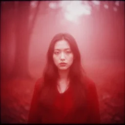 beauty of dead evil, in the misty wood, pale light, pinhole camera effect, lomography effect, analogue photo quality, red monochrome, blur, unfocus, red bright filter, scratches