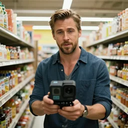 ryan gosling in grocery store, go pro camera, hyperrealistic, 8k footage,