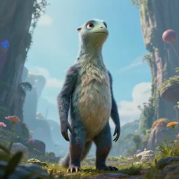 Tall fantasy creature, radiating curiosity, looking around in an alternate universe