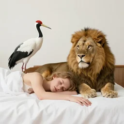 girl lying next to a lion and a stork in a bed under white bed sheets, by guillermo lorca