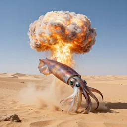 a nuclear squid exploding in the middle of a desert, photorealistic, ultra high resolution, ultra detailed