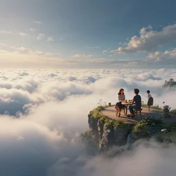 cafe in the clouds, fantasy, artwork, aesthetic, calming, hd, hdr, ue5, ue6, unreal engine 5, cinematic, 4k wallpaper, 8k ultra, by Greg Rutkowski and Jesper Ejsing and Raymond Swanland and alena aenami, featured on artstation, wide angle