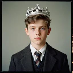 kodak portra 4 0 0, 8 k, highly detailed, britt marling style 3 / 4 photographic close, medium format, press award winning portrait of a handsome boy with a silver crown, up face with 1 9 0 0 s hairstyle, 1 9 0 0 s clothing style, asymmetrical, hasselblad x 1 d - 5 0 c, 1 0 0 mm f 1. 8, soft light