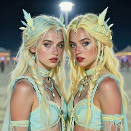 portrait of a couple of beautiful girls, burning man festival, intimate, pastel shades of light blue and light yellow, beautiful face, rule of thirds, intricate outfit, spotlight, by greg rutkowski, by jeremy mann, by francoise nielly, by van gogh, digital painting