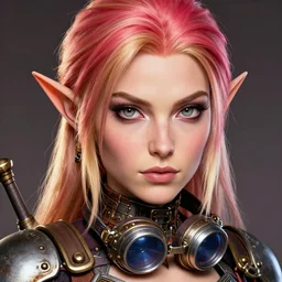 still from alita of head and shoulders portrait, female artificer, gray eyes, welding goggles around neck, strawberry blonde, elf, d & d, steampunk, by artgerm, facial detail, extremely detailed, comic book cover photo