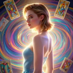 side portrait, imogen poots paladin, gloomhaven, soft, smooth, luminescent, art nouveau tarot, backlit glow, colorful swirly ripples, vogue, fashion, gaudy colors, aesthetic octane render, unreal engine, 8 k, by greg rutkowski, jesper ejsing, rhads, ilya kuvshinov, cushart krenz