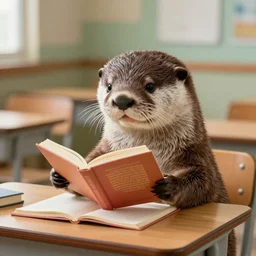 a cute otter reading a book at a school desk, hyperrealistic, dynamic lighting