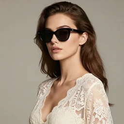 commercial photoshoot. hot attractive female glamour fashion model in photo studio. wearing luxury sunglasses. wearing lace garments and open robe. detailed clear face. no imperfections. digital art