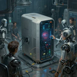 painting of the end of ai, an ai super computer being turned off, cinematic lighting, intricate and detailed environment, robots and humans, tears, gloomy