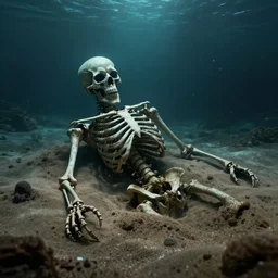 a mysterious terrifying detailed skeleton buried in sand at the bottom of the deep ocean, dark tones, horror art, apocalyptic, volumetric light