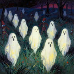 realistic detailed image of a friendly  figures of smiling ghosts and dmt jesters made of light walking back and forth in the wide abstract grass field by  Ayami Kojima, Amano, Karol Bak, Greg Hildebrandt,  Neo-Gothic, gothic, rich deep colors. Beksinski painting, part by Adrian Ghenie and Gerhard Richter. art by Takato Yamamoto. masterpiece