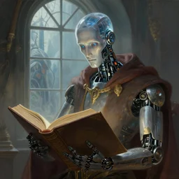 portrait of a robot wizard reading a big book, see - through scalp, window, intellectual, sofisticated, fantasy, highly detailed, digital painting, artstation, concept art, character art, art by greg rutkowski and tyler jacobson and alphonse mucha