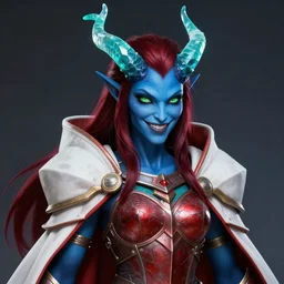 masterful mtg concept art portrait, female demon warrior of deep blue skin, straight aquamarine translucent crystal horns, shiny dark blood red hair, shifty lime green eyes and a playful smile wearing teal lined crimson plate armor and a white cape with red lining, highly detailed masterpiece, dnd, dungeons and dragons, magic, artstation trending, 8 k