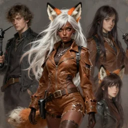ultradetailed beautiful painting of a stylish tomboy wearing a brown foxgirl suit, dramatic, she has white hair, dark skin, distressed, volumetric light, full body portrait by greg rutkowski, ilya kuvshinov, james jean, makoto shinkai, on artstation