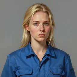 Portrait of a woman by Greg Rutkowski, she is about 30 years old, pretty, blond hair with two strans around her face, slavic features, melancholic gaze, pretty aquiline nose, she is wearing a blue utilitarian jumpsuit, highly detailed portrait, digital painting, artstation, concept art, smooth, sharp foccus ilustration, Artstation HQ.