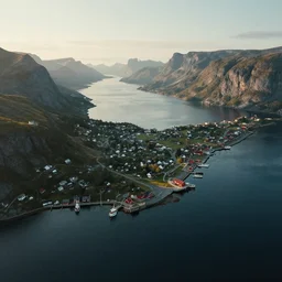 nordic fjord, summer morning light, aerial view, cinematic light, soft illumination, cinematic composition, wide - angle, atmospheric, matte painting, trending on artstation,