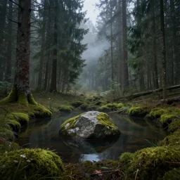 a rock in a pond in the middle of the forest, fir trees, moss, fog, dramatic atmosphere, highly detailed, cinematic lighting, perfect composition artem demura