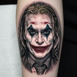 tattoo design of margot robbie with joker makeup, ace card, in the style of den yakovlev, realistic face, black and white, realism tattoo, hyper realistic, highly detailed