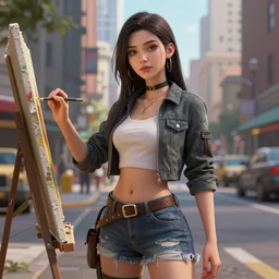 procedurally generated, beautiful badass urban girl character posing for painting, city streets behind her, substance designer, PBR, HD, Ultra detailed, hyperrealistic, megascans, volumetric light, concept by master artist