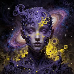 portrait of a destroyer of galaxies, indigo and yellow. intricate abstract. intricate artwork. nightmare fuel. by tooth wu wlop beeple dan mumford. octane _ render