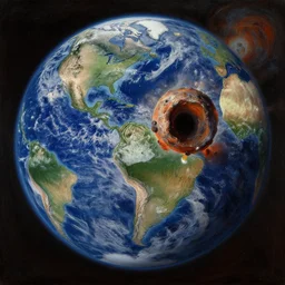 earth during the cretaceous – paleogene extinction event, just as the asteroid is colliding with earth, the asteroid later forms the chicxulub crater, seen from space, in the style of hudson river school of art, oil on canvas