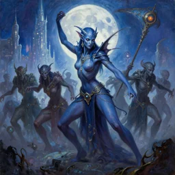 fantasy art, action portrait oil painting, perfect expression, subconscious connects, purified consciousness, pleiadian war, beautiful battle, tiefling darkblue skin, moon, foundation, alien world, artifacts, valerian city luminous skies, digital art, michael cheval, peter mohrbacher, jessica rossier, loish, yasushi nirasawa, moebius,