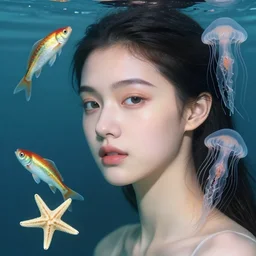 portrait of the gorgeous young goddess of the decaying water, unusually unique beauty, with swimming fish, small jellyfish, starfish, emotionally evoking symbolic metaphors, head in focus, fantasy, rococo ornamental, intricate, elegant, sensual, highly detailed digital painting, artstation, concept art, painterly, golden ratio, sharp focus, illustration, art by tomasz alen kopera and alphonse mucha and zdzisław beksinski,