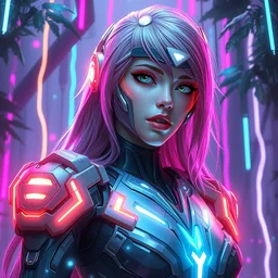 magik from x - men like a cyborg girl by hajime sorayama and league of legends concept artists, cyberpunk, neon rain forest, concept art, octane render, artstation, high quality h 6 4 0