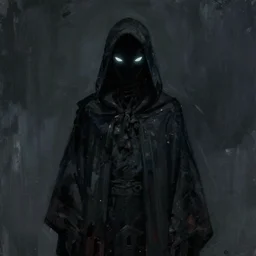 dark gouache illustration of a character wearing a black robe, glowing eyes, 4 k, detailed
