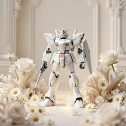 perfume bottle standing in white enchanted coral garden of daisies, roses in an ivory room well contoured smooth fair walls, up close shot, sharp focus, global illumination, radiant light, alexandre ferra white mecha, irakli nadar, octane highly render, 4 k, ultra hd,