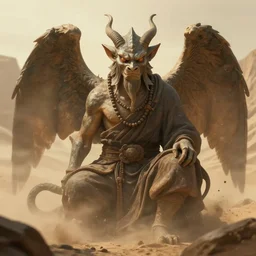 a portrait of a gargoyle monk warrior with small horns and large wings in the style of bayard wu, trending on artstation, desert background, uplit, enveloped in chaos, high detail 8 k