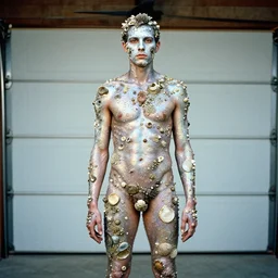 a human standing in his garage, covered with iridescent bodypaint, shells and barnacles, 1 1 0 kodak