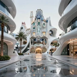 highly detailed futuristic architecture by Antoni Gaudí and Santiago Calatrava, reflective lighting, empty streetscapes, palm trees, ground-level view, puddles of water, signs, stunning sunny lighting, sunrise, vivid colors, in the style of pixar animation, trending on Artstation, 8k, matte painting, ray tracing, hyper detailed, unreal engine 5, cinematic, epic lighting, cryengine, octane render, cyberpunk, red and orange glow, vibrant