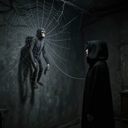 Ghastly wires coil from a wall, forming a thick spiderweb. Thin strands of metal glisten as they stretch toward a figure in the darkness. The figure is clad in a black robe with a hood that conceals his face. The figure stares at a mannequin hanging down from one of the wires. The mannequin has the head and the torso of an ape, but no arms or legs.