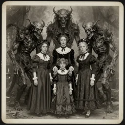 vintage photograph monochrome plate, grotesque mutant victorian family of demonic cenobite people posing with huge lovecraftian god monsters, distressed old photo, deteriorating, grunge, antique, slight sepia tone, horror, madness