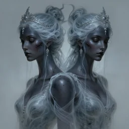 stunning twin goddesses of ghost portrait, translucent, dark skin, putrid, fantasy, intricate, elegant, highly detailed, digital painting, artstation, concept art, smooth, sharp focus, illustration, art by afshar petros and krenz cushart and artem demura and tony sandoval
