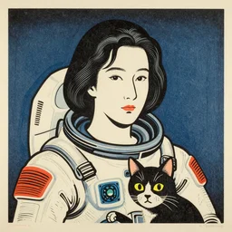 woodblock print, a half upper body portrait of a young beautiful sigourney weaver from the movie alien, wearing a space suit and a cat. by kawanabe kyosai and kawase hasui and and cory loftis and rossdraws and wlop and jung gi kim, realistic, bold outline, 2 d, rule of thirds