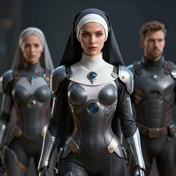 hyper realistic portrait of a beautiful female character with futuristic nun suit, medium shot, art by frederic arsenault and guillaume mahieu and brad rigney. 3 d, trending on artstation, intrincate hiperdetailed, 8 k, vray, octane render, cinematic lighting