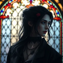 dreamy, beautiful side - view portrait of yennefer from the witcher 3, black choker necklace, black jacket, tenth century stained glass window, very masterful