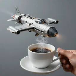 a spaceship flying above a cup of coffee, realistic, manipulation