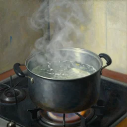 a closeup of a pot of boiling water on a stove, by ricardo bofill, by stanhope forbes, by david bomberg, painting