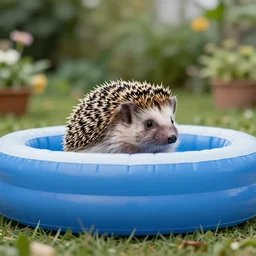 a hedgehog in a garden with a large inflatable pool, professional photography, low angle camera, depth of field, focus