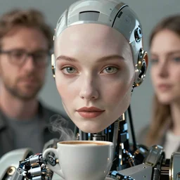 a stunning ultra detailed fantasy fine art portrait photo of a robot from ex machina movie with a cup of coffee, by tom bagshaw, james jean and natalie shau, 3 5 mm lens, golden ratio composition, deep depth of field, perfect eyes and face, cyberpunk, soft lighting, artstation, 8 k