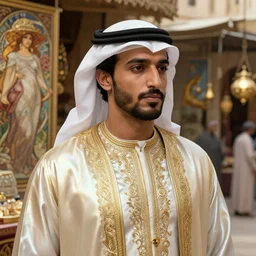 an arabian man in the market, shiny, fantasy, intricate, elegant, hyper detailed, ultra definition, photoreal, artstation, unreal engine rendered, concept art, smooth, sharp focus, illustration, art by artgerm and greg rutkowski and alphonse mucha and garis edelweiss