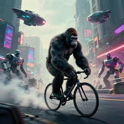 a gorilla riding an fixie bike in a post apocalyptical urban scene with many flying vehicles cyberpunk labels neon, haze and smoke, robots, digital art